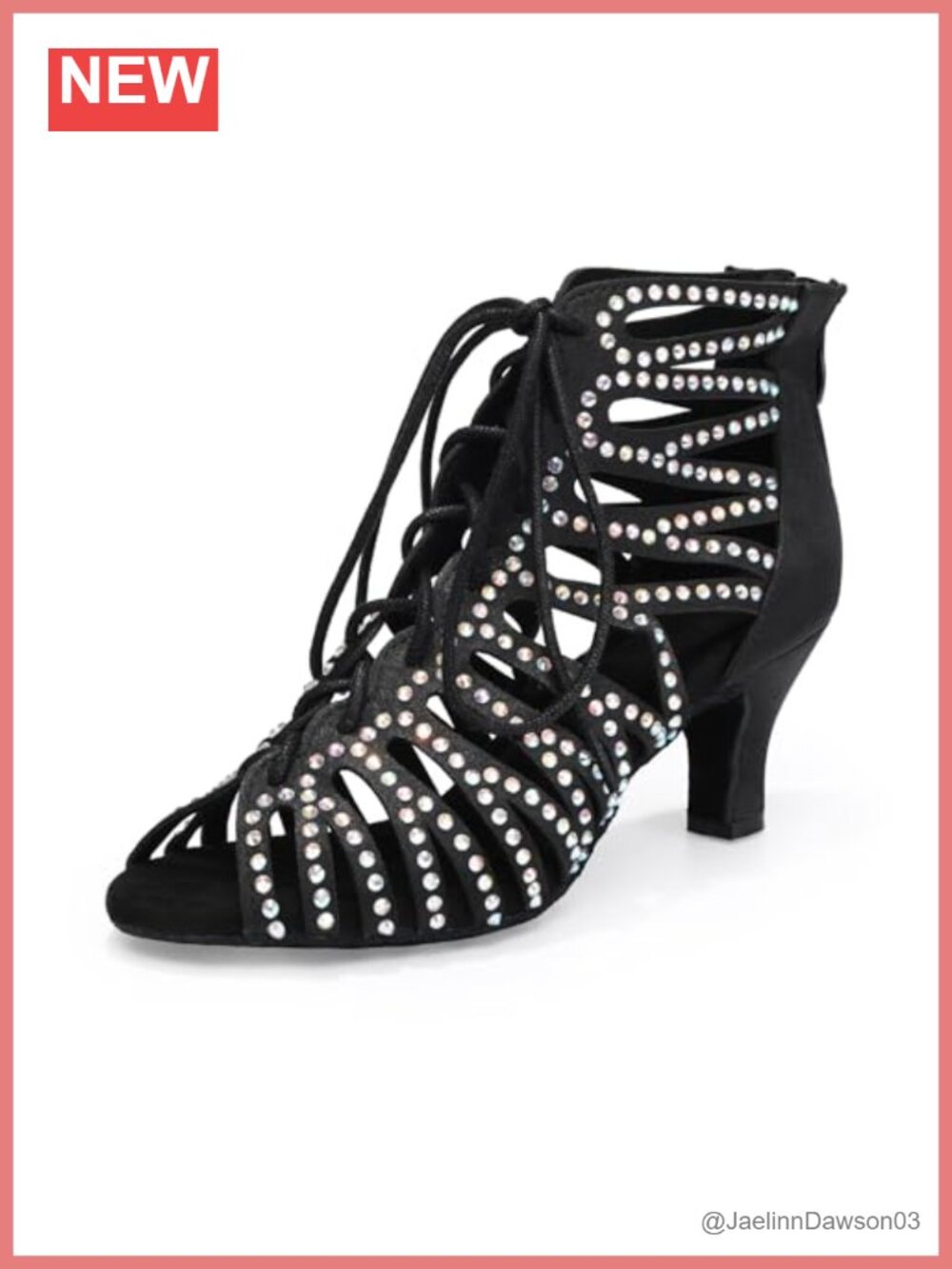 Women Rhinestone Satin Ankle Latin Dance Boots with Suede Sole, 6cm Heel, Lace
